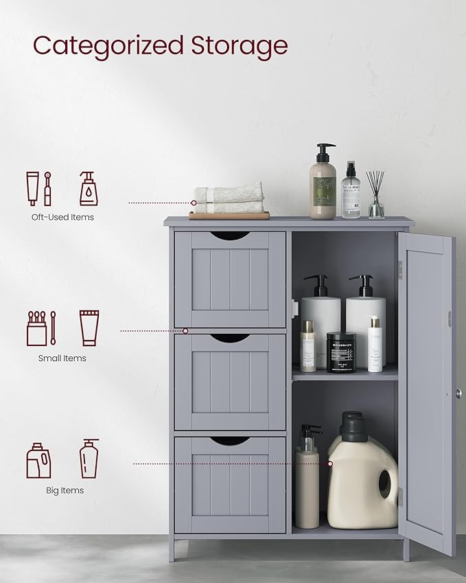 VASAGLE Floor Storage Cabinet, Freestanding Storage Unit with 3 Drawers, 1 Adjustable Shelf, for Bathroom Living Room Dining Kitchen, 11.8 x 23.6 x 31.5 Inches, Dove Gray UBBC049G02