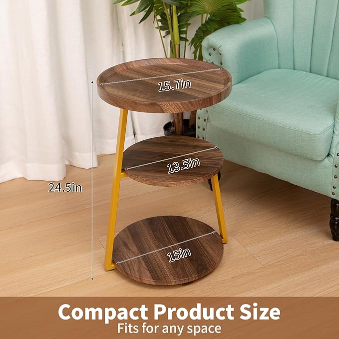 Small Round Side Table, 3-Tier End Table for Living Room, Wooden Nightstand Bedside Tables with Storage Shelf, Circle Accent Table for Bedroom, Office, Apartment (Walnut, Golden Frame)