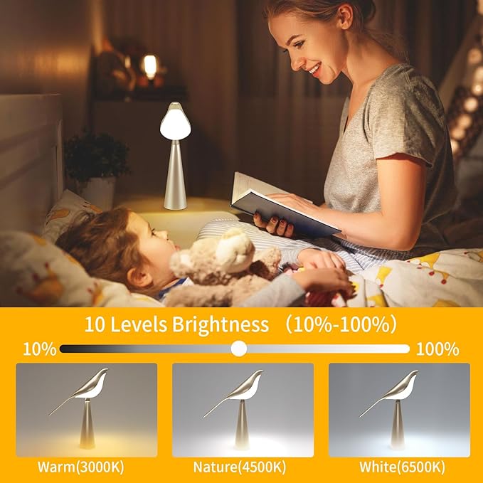 Small Desk Lamp, Bird Lamp, 10 Level Dimmable Brightness Bedside Night Light, Bedroom Table Lamp for Dorm, Office, Gifts, Reading, 3 Colors, Metal Finish, Gold, 360° Rotation