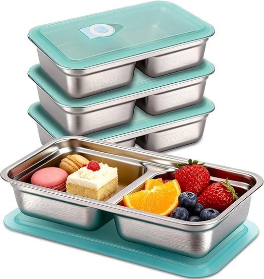 4 Pack Stainless Steel Snack Containers with Lids, Reusable Leak-Proof 2-Compartment Bento Box, Portable Food Storage Lunch Box for Work, Travel, Meal Prep