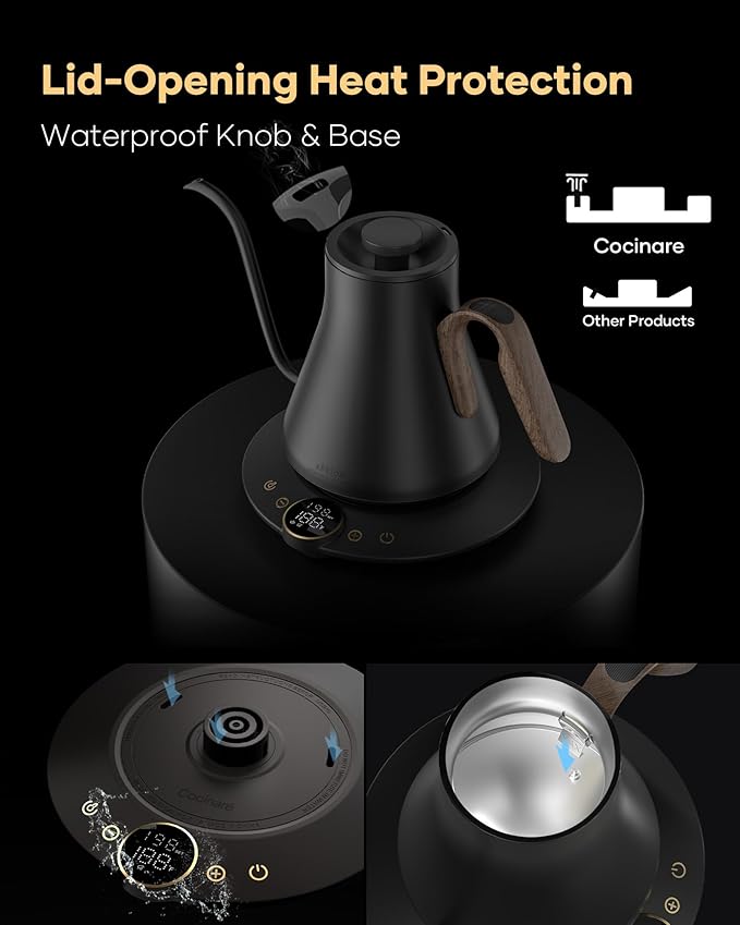 Cocinare FLOW B9 Gooseneck Electric Kettle, Precise Temperature Control for Pour-Over Coffee & Tea Brewing, Stainless Steel Interior, Rapid Heating for Boiling Water 0.9L (Goya Walnut)