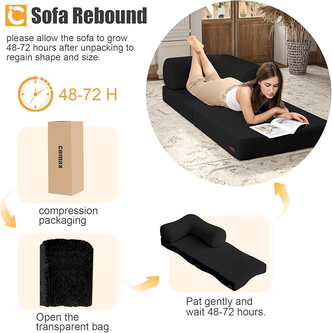 COMAX Folding Sofa Bed, Fold Out Chair Bed, Foldable Sofa, Convertible Sleeper for Adults, Futon Chair Single Small Floor Couch for Spaces, Bedroom Living Room Guest Room, Black