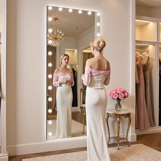 Kosmonia 82x36 Hollywood Full Length Mirror with Light, 28 Dimmable Bulbs & 3 Color Smart Touch Control, Distortion Free, Tempered Glass & Shatter Proof Film, Safe Full Body Mirrors with Stand