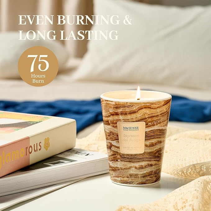 M&SENSE Espresso Hot Fudge Scented Soy Candle, 3 Wick Highly Scented 14.1 Oz 80H, Aromatherapy Christmas Gift for Women and Men