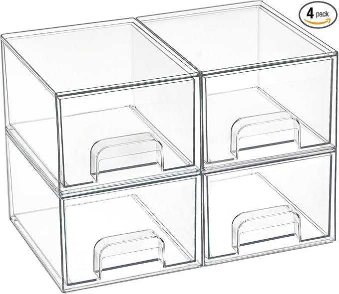 Vtopmart 4 Pack Small Clear Stackable Storage Drawers,Acrylic Bathroom Makeup Organizer,Plastic Storage Bins For Vanity, Undersink, Kitchen Cabinets, Pantry, Home Organization