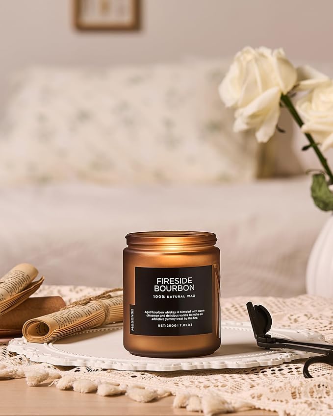 M&SENSE Fireside Bourbon Clean Non-Toxic Soy Wax Campfire Smoky Candle, Cotton Fall Scented Candle for Home Decor, 7.05oz Up to 50 Hours Burn Time Aromatherapy Gift for Bathroom