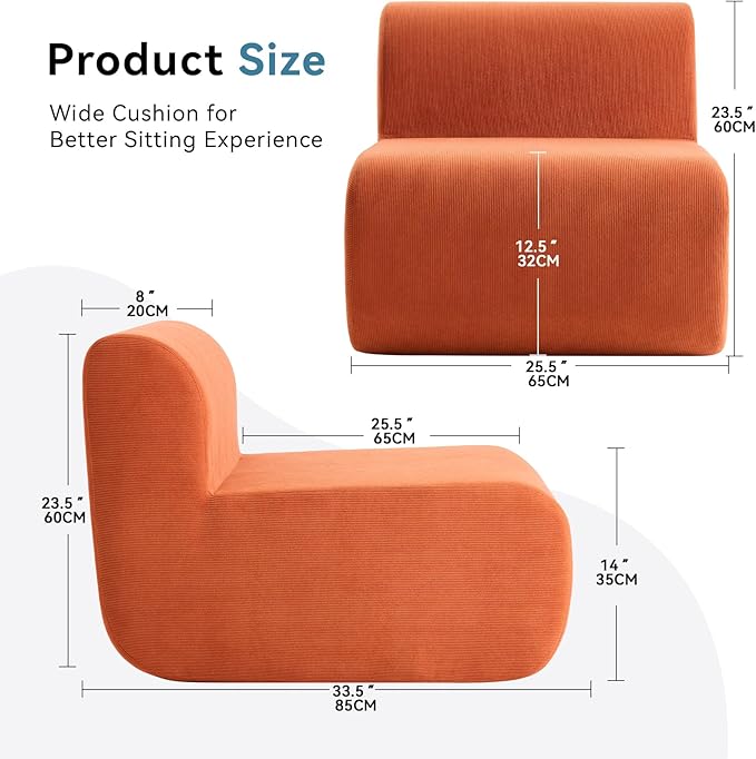 Single Sofa Chair, Upholstered Floor Sofa Couch Fireside Beanbag Chair,Corduroy Boneless Couch for Small Spaces,Memory Foam Lounge Chair for Bedroom, Living Room,Orange