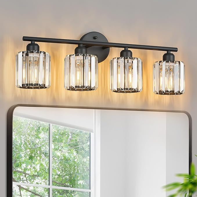 Modern 4 Light Crystal Vanity Light, Black Vertical Bathroom Light Fixture Over Mirror for Dressing Table Sink, Compatible with Dimmable Bulbs (Bulbs Not Included)