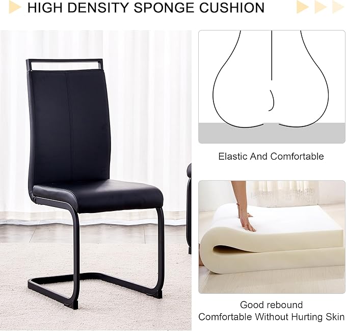 71" Dining Table Set for 6, Black Faux Marble Dining Room Table Set for 6, Large Rectangular Kitchen Table Set and PU Leather Chairs,Glossy Tempered Glass Dinner Table with Black Leg