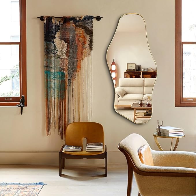 Gold Irregular Mirror, Asymmetrical Mirrors Decorative, 40"x18" Unique Shaped Mirror with Metal Frame, Modern Abstract Mirrors for Living Room Bathroom Bedroom Hallway Entryway Fireplace