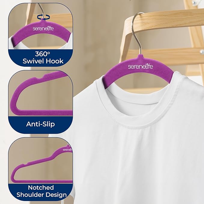 SereneLife 30 Pack Velvet Hangers – Non-Slip Clothes Hangers with Heavy Duty Design, Slim Space-Saving Coat Hangers with 360° Swivel Hook, Strong Lightweight Closet Organizer Set for Clothes (Purple)