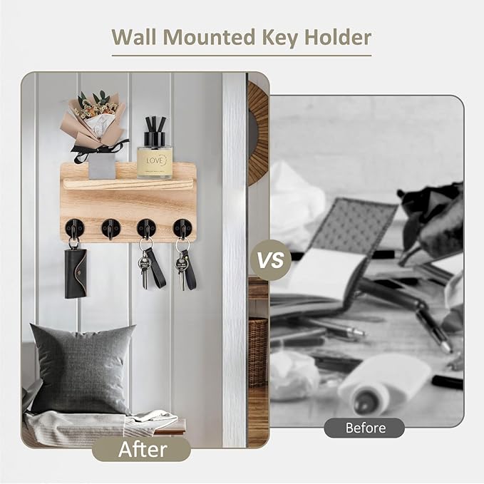 Nekon Key Holder Wall Mount, 8.5 Inch Small Home Decor Wooden Wall Organizer with 4 Hooks and Shelf, Wall Decor for Living Room Entryway Kitchen (Wood)