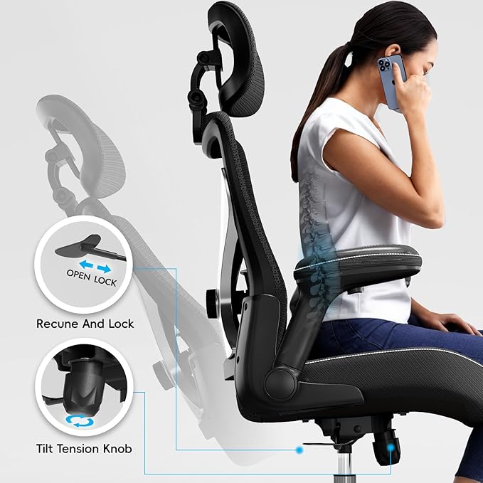 Ergonomic Office Chair-Computer X-Shaped Chair Mesh PU Leather with Adjustable Lumbar Support-Executive Desk Chair High Back with Headrest Flip-Up Arms for Long Hours (Black-Silver)