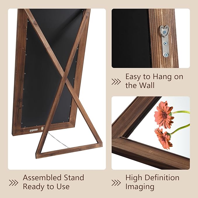 Rustic Farmhouse Full Length Mirror with Stand 71"X32" Large Wood Frame Floor Mirror, Leaning or Wall Mounted Free Standing Mirror for Entryway Bedroom Living Room, Tempered Glass, Brown