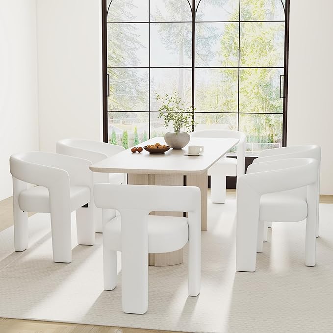 Modern Barrel Dining Chairs Set of 6, PU Leather Upholstered Accent Side Chair with Arms Comfy Makeup Vanity Chairs, Dining Living Room Kitchen Chairs, White