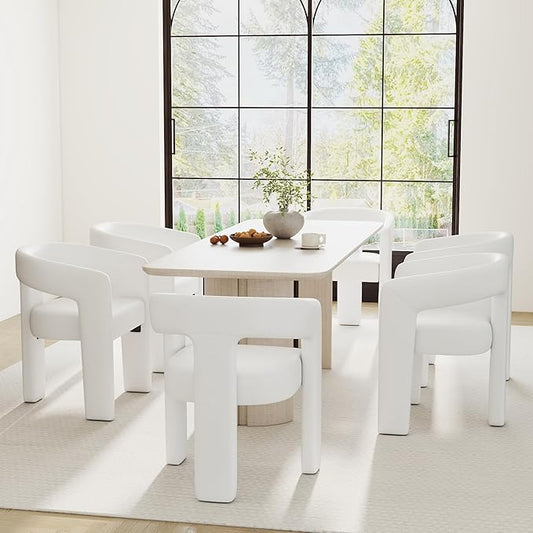 Modern Barrel Dining Chairs Set of 6, PU Leather Upholstered Accent Side Chair with Arms Comfy Makeup Vanity Chairs, Dining Living Room Kitchen Chairs, White