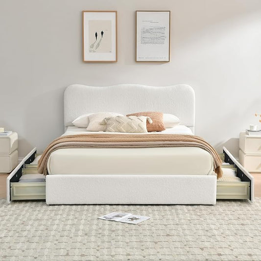 VELOCAVA King Size Storage Bed with 4 Drawers, Modern Upholstered Bouclé-Textured Platform Frame with Curved Headboard, Rounded Corners, Wood Slats, No Box Spring Needed, Cream White