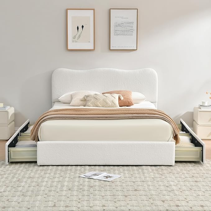 VELOCAVA Queen Size Upholstered Bed with 4 Storage Drawers, Modern Upholstered Bouclé Platform Frame with Curved Headboard, Sturdy Wood Slats, Rounded Corners, No Box Spring Needed, Cream White