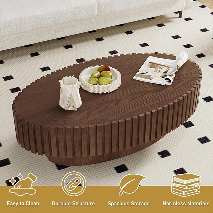 Oval Drum Coffee Table 43.3" Wooden Coffee Tables Handcrafted Fluted Drum Coffee Table Mid Century Modern Luxury Center Table Vintage Farmhouse Center Table for Living Room (Oval Dark Brown)