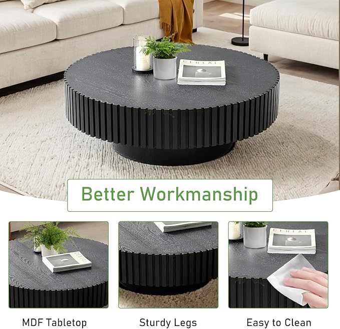 Round Coffee Table for Living Room, 31.5'' Modern Handcraft Drum Coffee Table Unique Fluted Coffee Tables Wood Center Table End Table for Small Space, Farmhouse Apartment Office (Round Black)