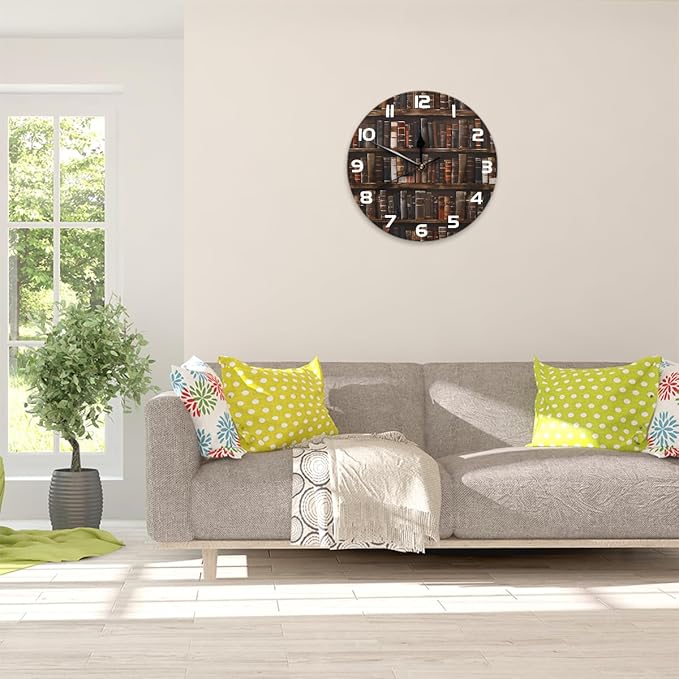 Retro Bookshelf Books Wallpaper Wall Clock Battery Operated 10 in Round Wall Clocks Slilent Non Ticking Quartz Analog Clock for Bedroom Kids Living Room Classroom Decor