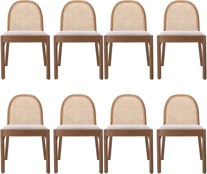LukeAlon Modern Linen Dining Chairs Set of 8, Natural Woven Rattan Cane Back Side Chairs with Solid Wood Legs Mid Century Dinner Chairs for Kitchen Living Room, Beige