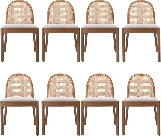 LukeAlon Modern Linen Dining Chairs Set of 8, Natural Woven Rattan Cane Back Side Chairs with Solid Wood Legs Mid Century Dinner Chairs for Kitchen Living Room, Beige
