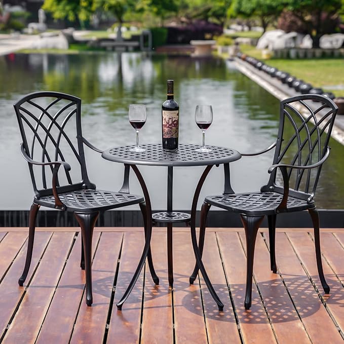 Outdoor 3 Piece Bistro Set Cast Aluminum Bistro Table and Chairs Set of 2, All Weather Bistro Patio Set, Patio Furniture for Garden Black