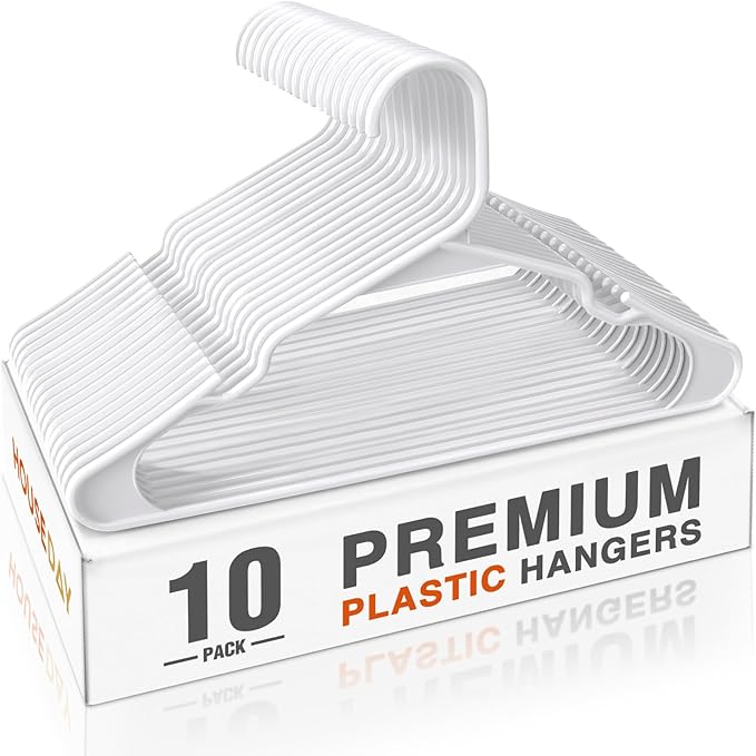 HOUSE DAY Premium Plastic Hangers 10 Pack, Clothes Hanger Space Saving, Heavy Duty Coat Hanger - Durable and Strong Closet Organizers and Storage Makes It Ideal Dorm Room Essentials (White)