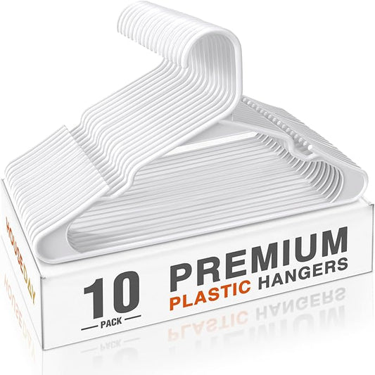 HOUSE DAY Premium Plastic Hangers 10 Pack, Clothes Hanger Space Saving, Heavy Duty Coat Hanger - Durable and Strong Closet Organizers and Storage Makes It Ideal Dorm Room Essentials (White)