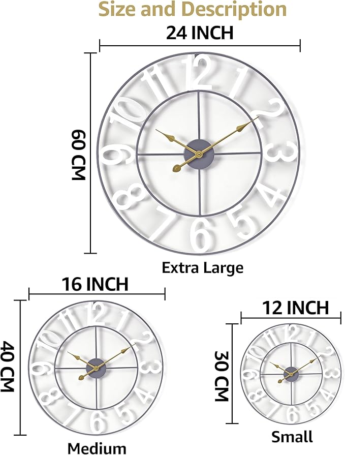 Sorbus 16-Inch Large Wall Clock – Decorative White Metal Clock with Gold Hands – Silent, Battery Operated, Modern Wall Decor for Living Room, Kitchen, or Office – Great Gift for Housewarming or Office