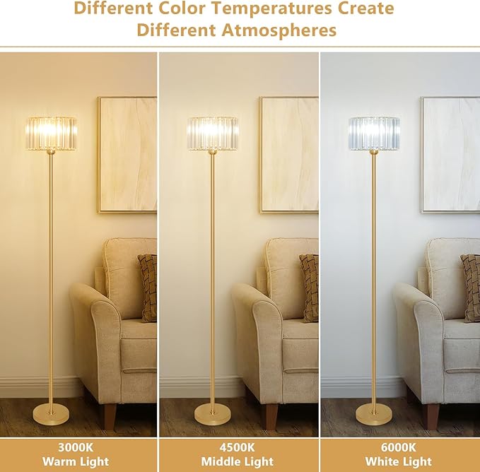 HMVPL Gold Floor Lamp for Living Room, Modern Floor Lamp with K9 Crystal Shade, Brass Standing Lamp with On/Off Switch,Mid Century Tall Lamp Crystal Pole Lamp for Bedroom Corner Office Nursery Reading