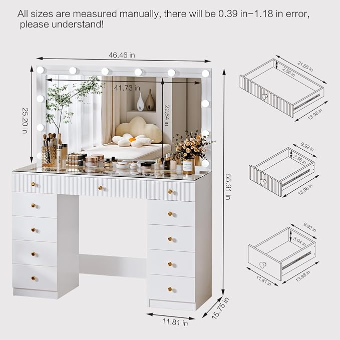 Fluted Makeup Vanity Desk with 46" HD Lighted Mirror,Big Modern Vanity Desk with Mirror and 12 LED Lights, Dressing Table with 11 Drawers, Glass Top for Bedroom,Cream