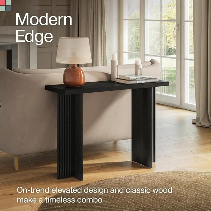 Fluted Console Table - Small Entry Desk for Narrow Spaces - Modern, Mid-Century Home Decor - Living Room Furniture - Solid Wood Entryway Table - Fluted Cross Bass and Rectangular Top (Black)