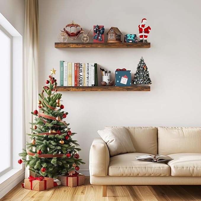 BAYKA Floating Shelves, 36 inches Long Wall Mounted Rustic Wood Shelves for Bathroom, Bedroom, Living Room, Kitchen, Office, Hanging Shelf for Books/Storage/Decor(Rustic Brown,Set of 2)