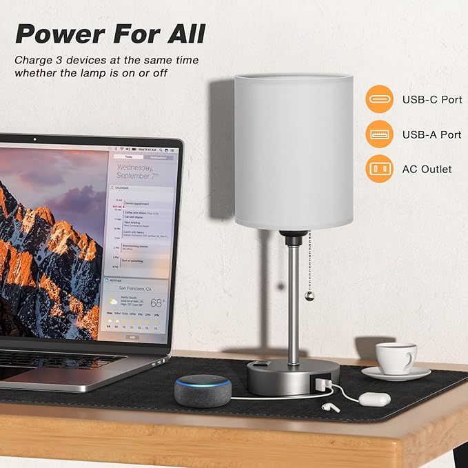 Dicoool Grey Bedroom Lamp for Nightstand - 3 Color Temperature Table Lamp with USB C and A Ports, Pull Chain Bedside Lamp with AC Outlet, Desk Lamp with Silver Metal Base for Kids Girls