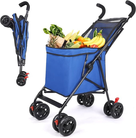 Wedyvko Pet Dog Stroller, 4 Wheel Foldable Cat Dog Stroller with Storage Basket, Handle 360° Front Wheel Rear Wheel with Brake for Small Medium Dogs & Cats (Blue)