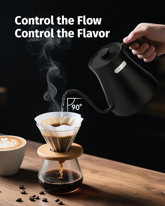 INFOOD 0.8L Gooseneck Electric Kettle, Precise Temperature Control for Pour Over Coffee & Tea, 1200W Fast Boiling Water, Auto Shut Off, Scheduling, Stainless Steel, Black