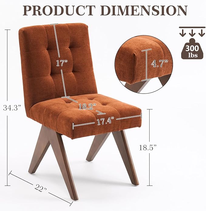 Rowill Modern Upholstered Dining Chairs Parsons Chair Linen Fabric Kitchen Chairs Tufted Armless Dining Room Chairs with Wood Legs Set of 2, Burnt Orange