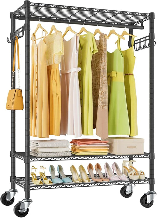 VIPEK R3 Plus Rolling Clothes Rack with Locking Wheels, Portable Closet for Hanging Clothes Heavy Duty Garment Rack with Adjustable Shelves and Side Hooks, Metal Wardrobe for Home Storage, Black