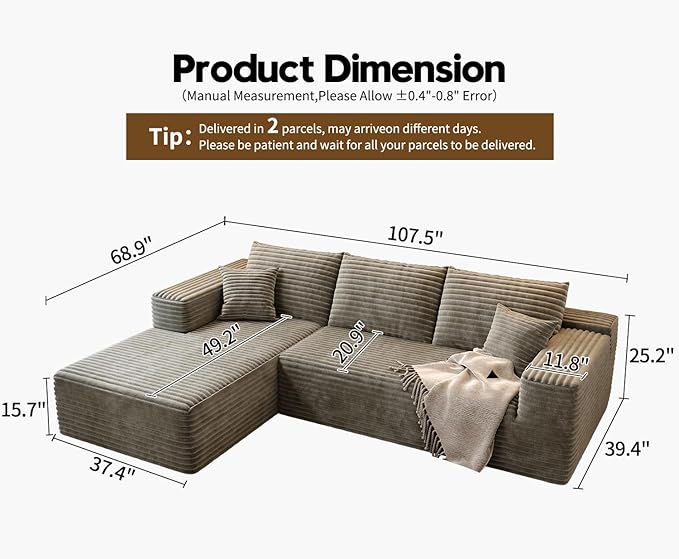 107.5" Cloud Modular Sectional Sofa Couch with L-Shape Chaise,Modern Minimalist Upholstered Couches for Living Room Bedroom,Deep Seat Corner Couch，No Assembly Required (Camel,Left Facing Chaise)
