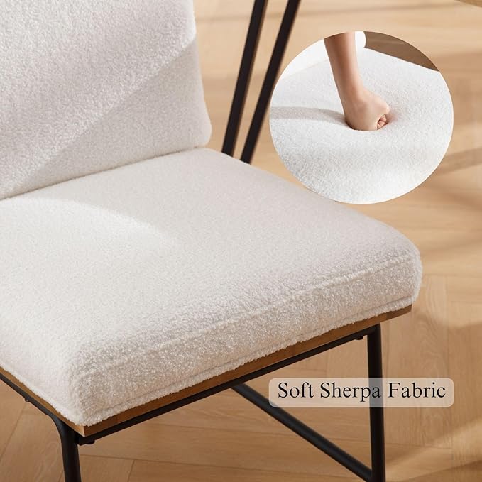 DUOMAY Mid-Century Modern Dining Chairs Set of 2, Sherpa Upholstered Side Chair with Rear Handle, Armless Chair with Metal Legs for Kitchen Dining Room Living Room Vanity, White