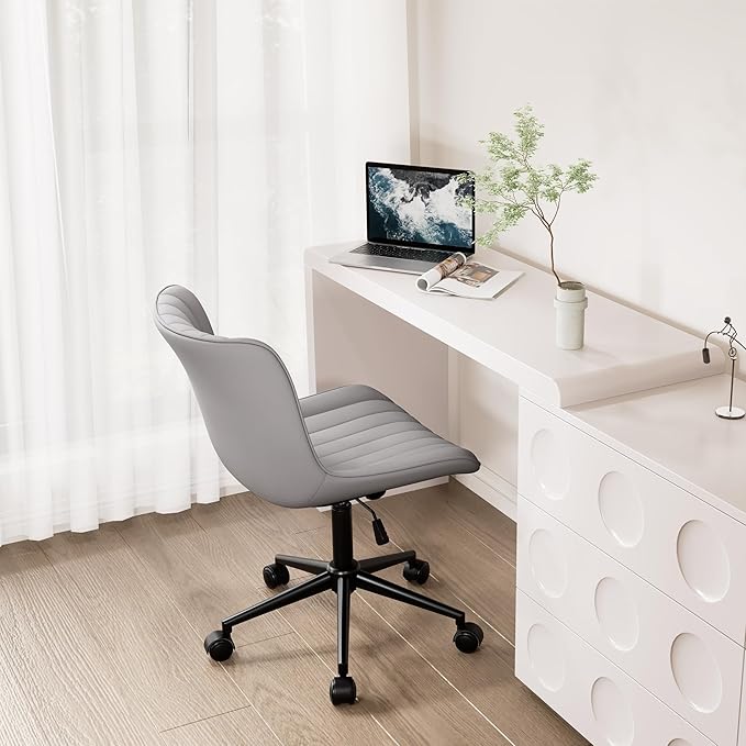 Kidol & Shellder Grey Leather Home Office Desk Chair with Wheels Modern Cute Armless Executive Swivel Vanity Chair with Comfy Padded Back Ergonomic Rolling Adjustable Computer Task Chair Small