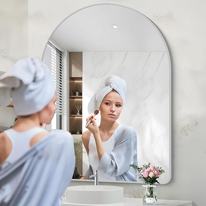 Arched Wall Mirror for Bathroom, 36"x48" Silver Arch Bathroom Mirror, Wall Mounted Mirror, Silver Vanity Wall Mirror w/Metal Frame for Bedroom, Entryway, Living Room, Vertically Hanging