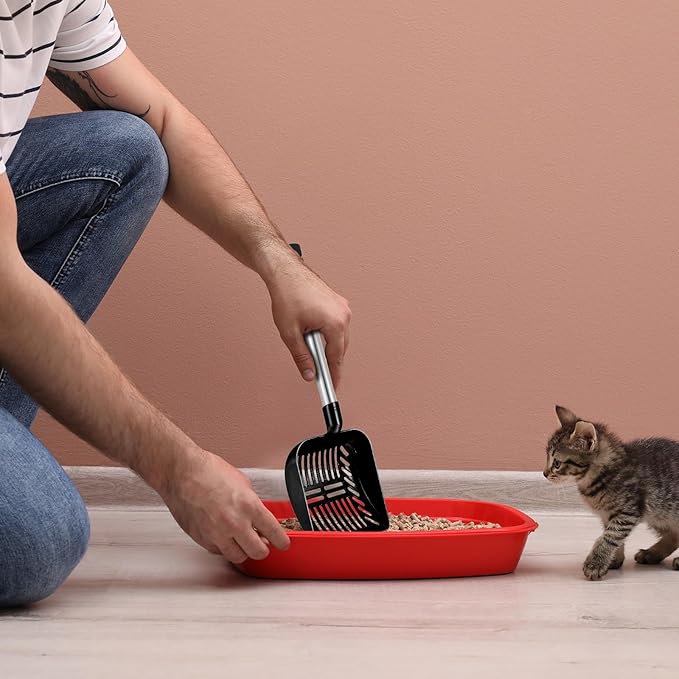 32 Inch Cat Litter Scooper Metal Long Handle with Cat Litter Scoop Holder Deep Kitty Sifter Shovel Detachable Stainless Steel Poop Sifter Scooper Caddy Kitty with Box(Black)