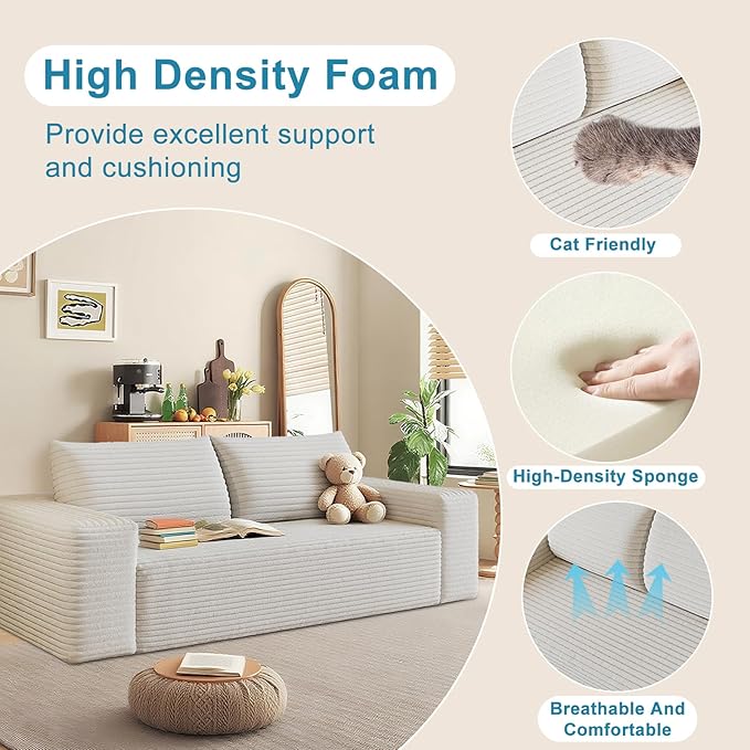 Saiveina 71" Corduroy Loveseat Sofa, Deep Seat Comfy Couch with Backrest and Armrests, No Assembly Required Sofa Couch for Living Room Bedroom Apartment, White