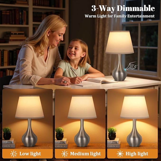 Seealle Touch Table Lamps for Nightstand Set of 2, 3-Way Dimmable Small Bedroom Lamps for Night Stands, Silver Bedside Lamps for Living Room, Kids Room, End Table(LED Bulbs Included)