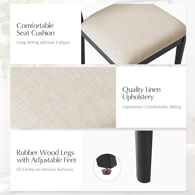 HULALA HOME Rattan Dining Chairs Set of 4, French Solid Wood Kitchen Dining Room Chairs with Curved Back, Upholstered Accent Dinner Cane Chair for Living Room Restaurant, Black