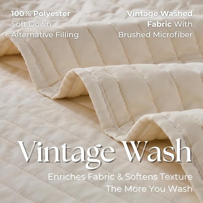 DOWN HOME Twin Quilt Bedding Set with Sham, Vintage Washed Soft Quilted Blanket Thin Comforter Lightweight Bedspread Coverlet Bed Cover, Brushed Microfiber Stripe Stitching, Linen White, 66"x92"