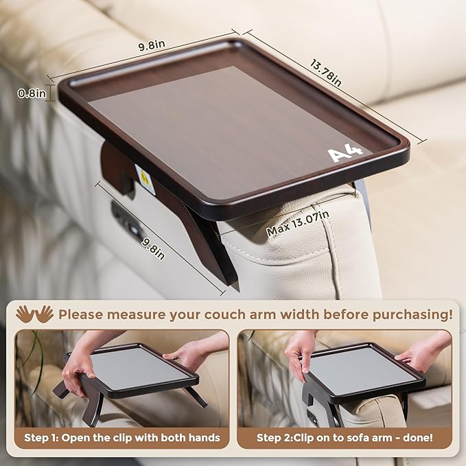 Couch Armrest Table, Foldable Bamboo Sofa Arm Tray for Couch with a Non-Slip Pad, Clip On Couch Arm Table for Remotes/Eatting/Drinks, Fits Sofa Armrest 3.5"-13.5" Brown